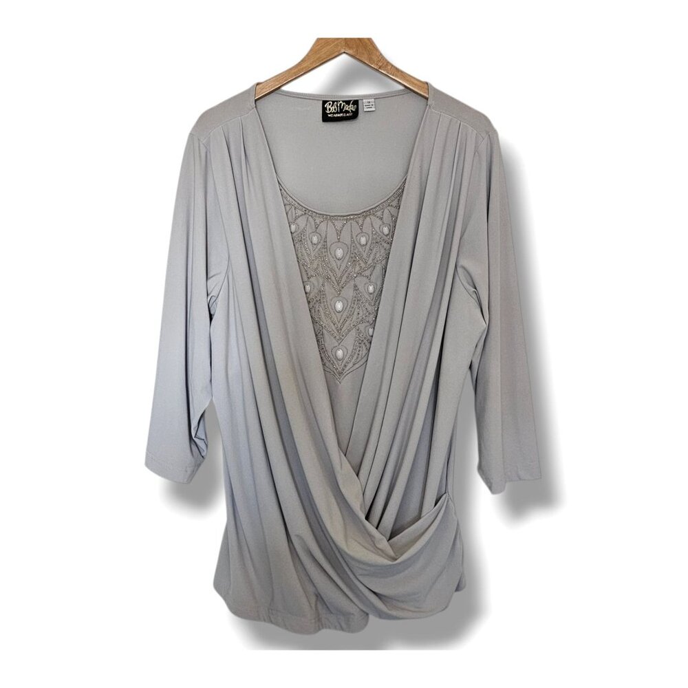Bob Mackie Blouse Size 1X‎ Draped Embellished Front Panel Gray Faux Wrap Artsy